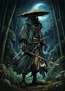Mysterious Ronin in Bamboo Forest