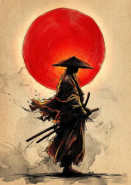 Samurai Silhouette Against Red Sun
