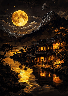 Golden Moonlit Japanese Temple Scene