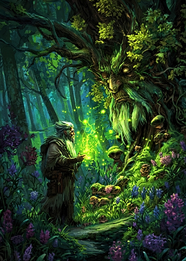 Wizard Communicating with Ancient Tree Spirit