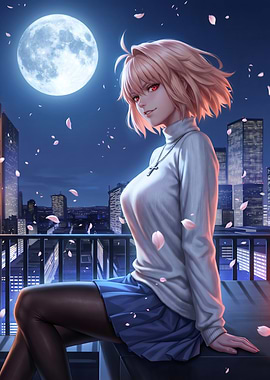 Anime Girl Under Full Moon