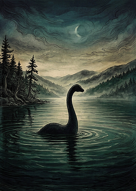 Loch Ness Monster in Misty Lake