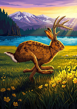 Jackalope Running Through Wildflower Meadow