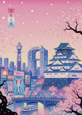 Osaka Cityscape with Cherry Blossoms