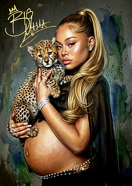 Pregnant Woman Holding Cheetah Cub Portrait