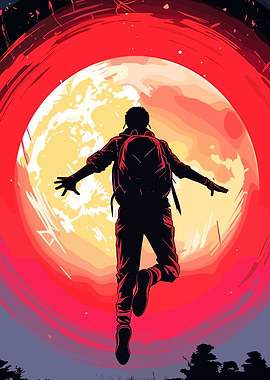 Silhouette of Traveler Before Red Moon