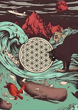 Surreal Ocean Cat and Whale Illustration