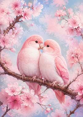 Two Pink Lovebirds in Cherry Blossoms