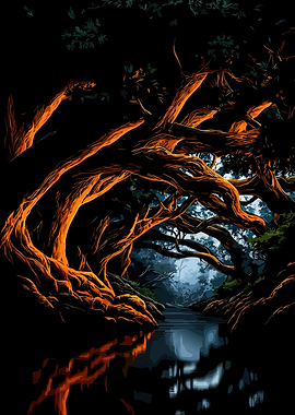 Glowing Trees Over Dark River