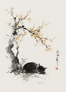 Sleeping Black Cat Under Cherry Tree