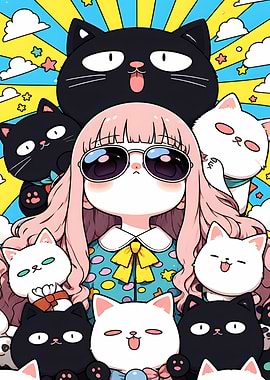 Girl Surrounded by Cute Cats