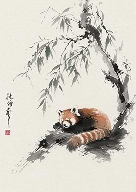Red Panda Resting on Tree Branch
