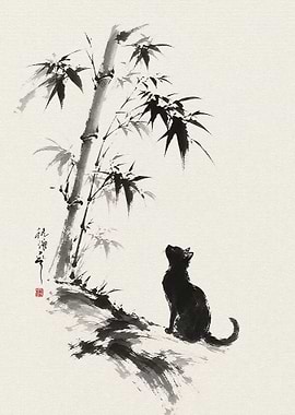 Black Cat Under Bamboo Ink Painting