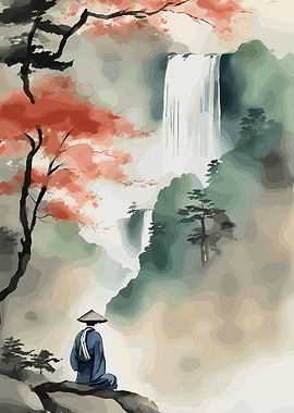 Zen Monk Meditating by Waterfall