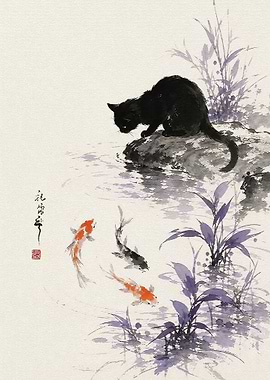Black Cat Watching Koi Fish