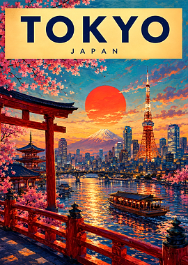 Tokyo Japan Sunset Travel Poster