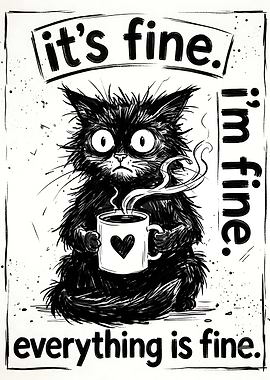 Stressed Black Cat Coffee Illustration