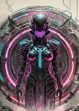 Cybernetic Warrior in Neon Portal