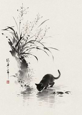 Black Cat Drinking from Water