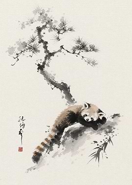 Red Panda Resting in Pine Tree