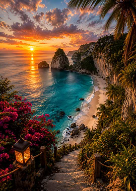 Tropical Sunset Beach Stairway View