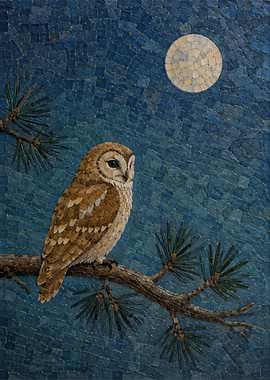 Mosaic Owl Perched Under Full Moon