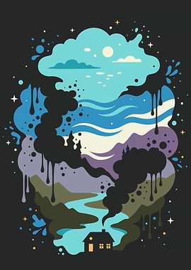 Whimsical Landscape with Dripping Ink Clouds