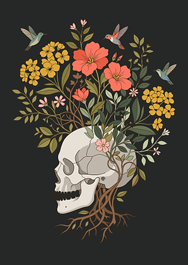 Floral Skull with Hummingbirds Illustration