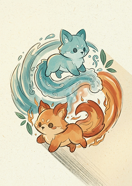 Cute Water and Fire Fox Yin-Yang