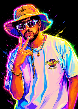 Bad Bunny Neon Pop Art Portrait