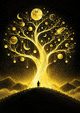 Moonlit Golden Celestial Tree of Planets