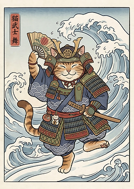 Samurai Cat Ukiyo-e Style Illustration