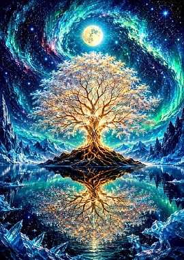 Luminous Tree of Life Under Aurora