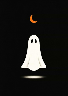Minimalist Ghost Under Crescent Moon