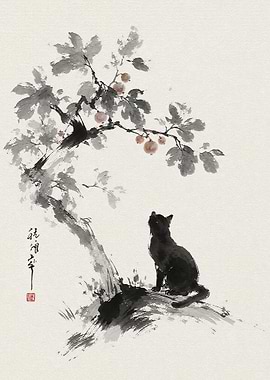 Black Cat Under Fruit Tree Painting