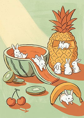Cute Bunnies Playing in Fruit Playground