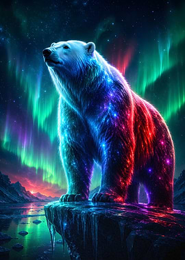 Cosmic Polar Bear Under Aurora