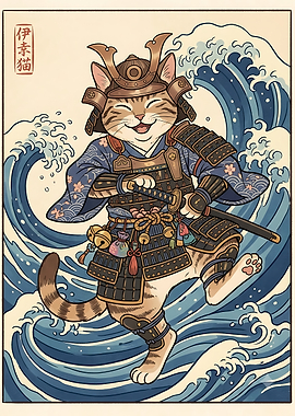 Happy Samurai Cat Ukiyo-e Illustration