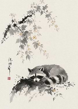 Sumi-e Style Raccoon Resting Under Branches