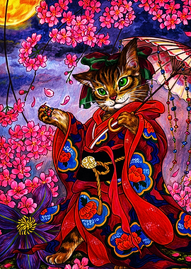 Cat in Kimono Under Cherry Blossoms