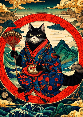 Black Cat in Traditional Kimono