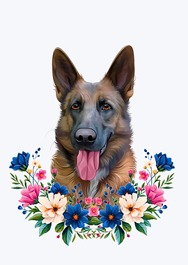 German Shepherd Portrait with Floral Wreath