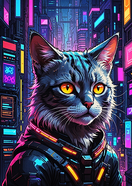 Cyberpunk Cat in Neon City