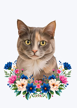 Portrait of a Cat with Flowers