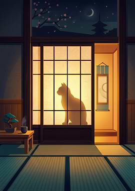 Cat Silhouette in Traditional Japanese Room