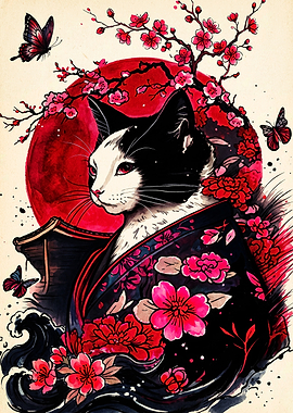 Cat in Kimono with Cherry Blossoms