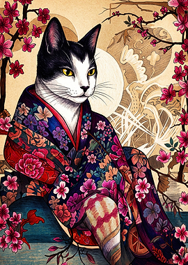 Cat in Floral Kimono Illustration