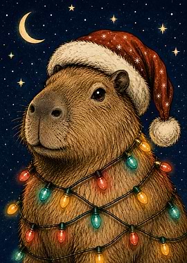 Capybara Wearing Santa Hat and Lights