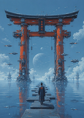 Futuristic Torii Gate Over Water