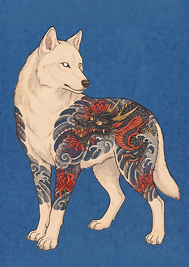 Wolf with Japanese Dragon Tattoo Art
